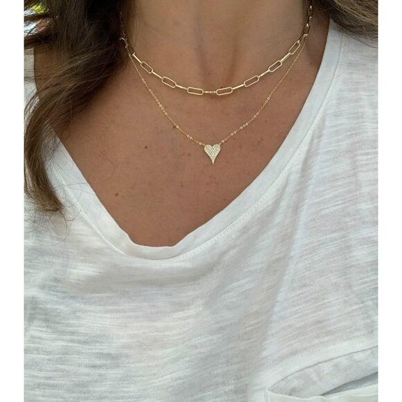 Layered Gold Necklace for Women Heart Pendant Choker Chain Cubic Zirconia - Picture 2 of 6